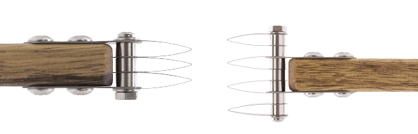 DiamondCore wood-handled wire tool with four curved stainless steel tines, shown from two angles.