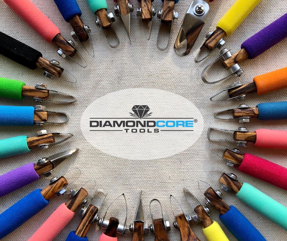 A variety of carving tools laid out in a circle surrounding the DiamondCore® Tools logo