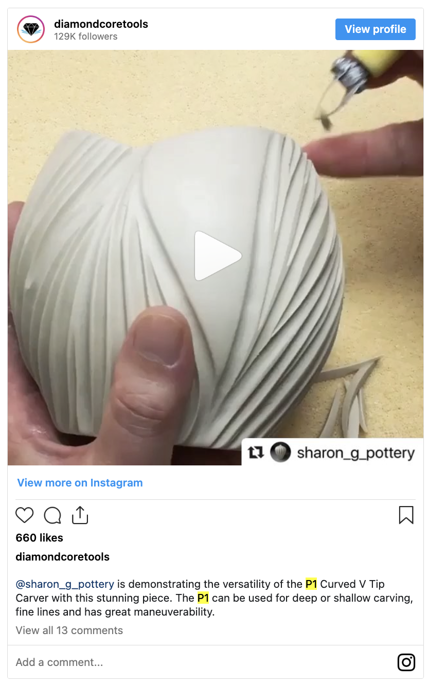 Instagram video of a cup being carved with the P1 Curved V Tip Carving Tool