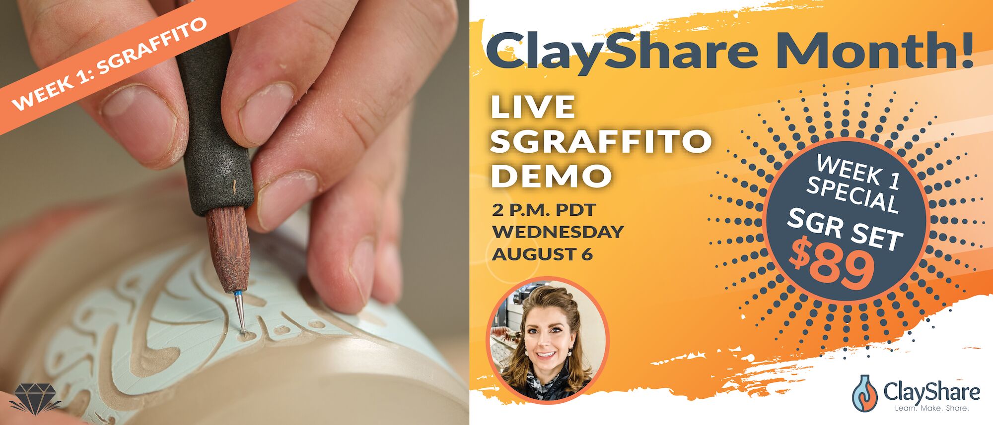 August is ClayShare Month! The first week is a live Sgraggito demo and this week only you can get the 3-piece sgraffito stylus set for $89. Click her to shop the set.