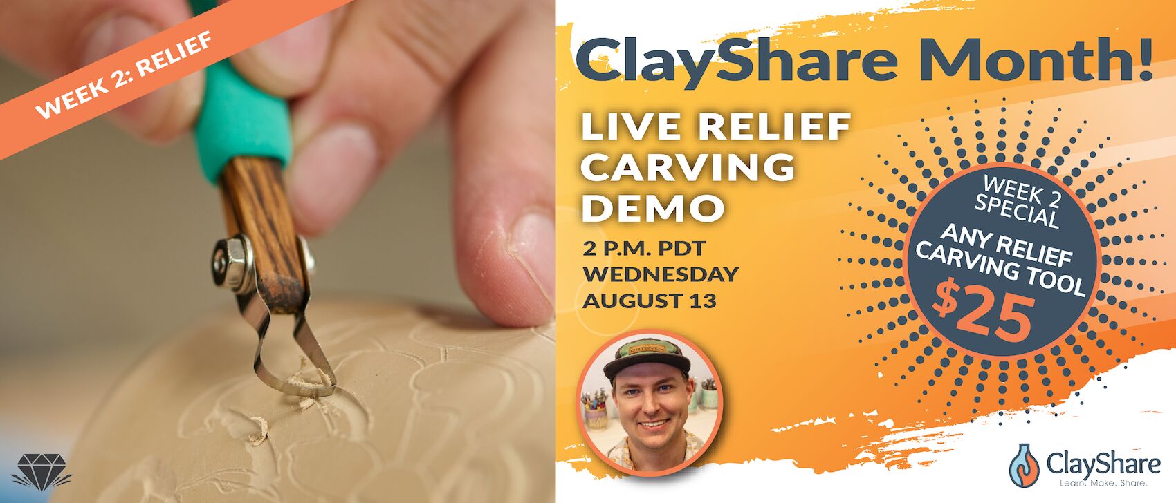 August is ClayShare Month! The second week is a live relief carving demo and this week only you can get any relief carving tool for $25