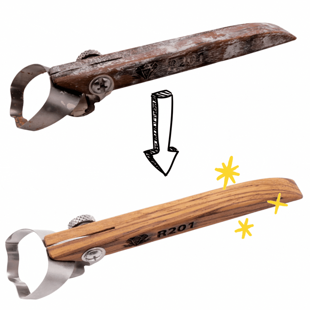 An old busted up R201 tool next to a shiny new R201 tool. 