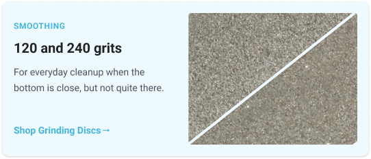 Smoothing      120 and 240 grits      For everyday cleanup when the bottom is close, but not quite there.           Shop Grinding Discs 